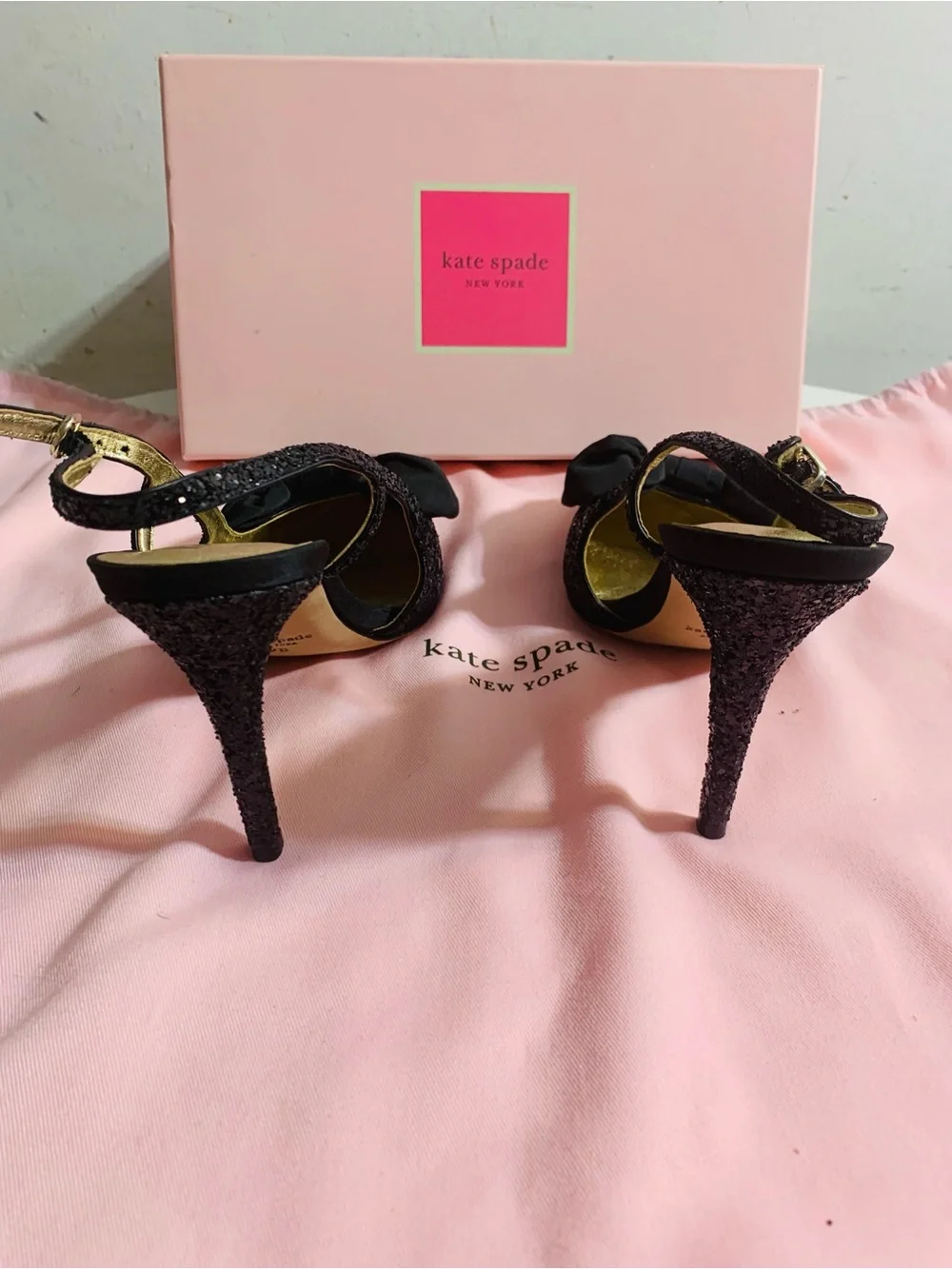 kate spade black glitter bow pointed slingback heels - Picture 3 of 4